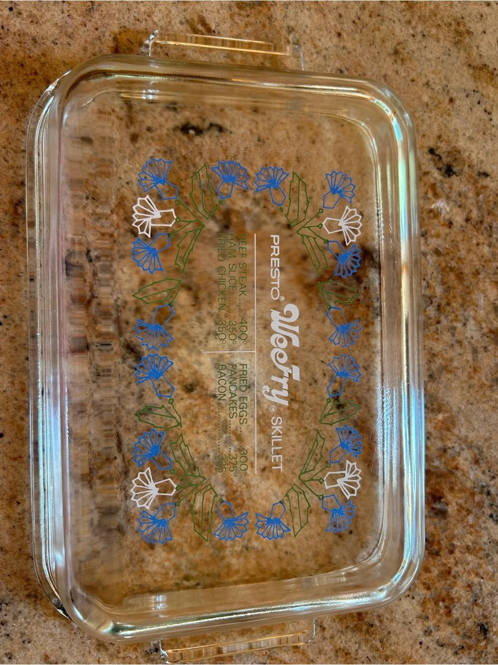 Presto Wee-Fry Skillet Glass Lid/Baking Dish  Blue White Green Floral 9.5”x6.50”